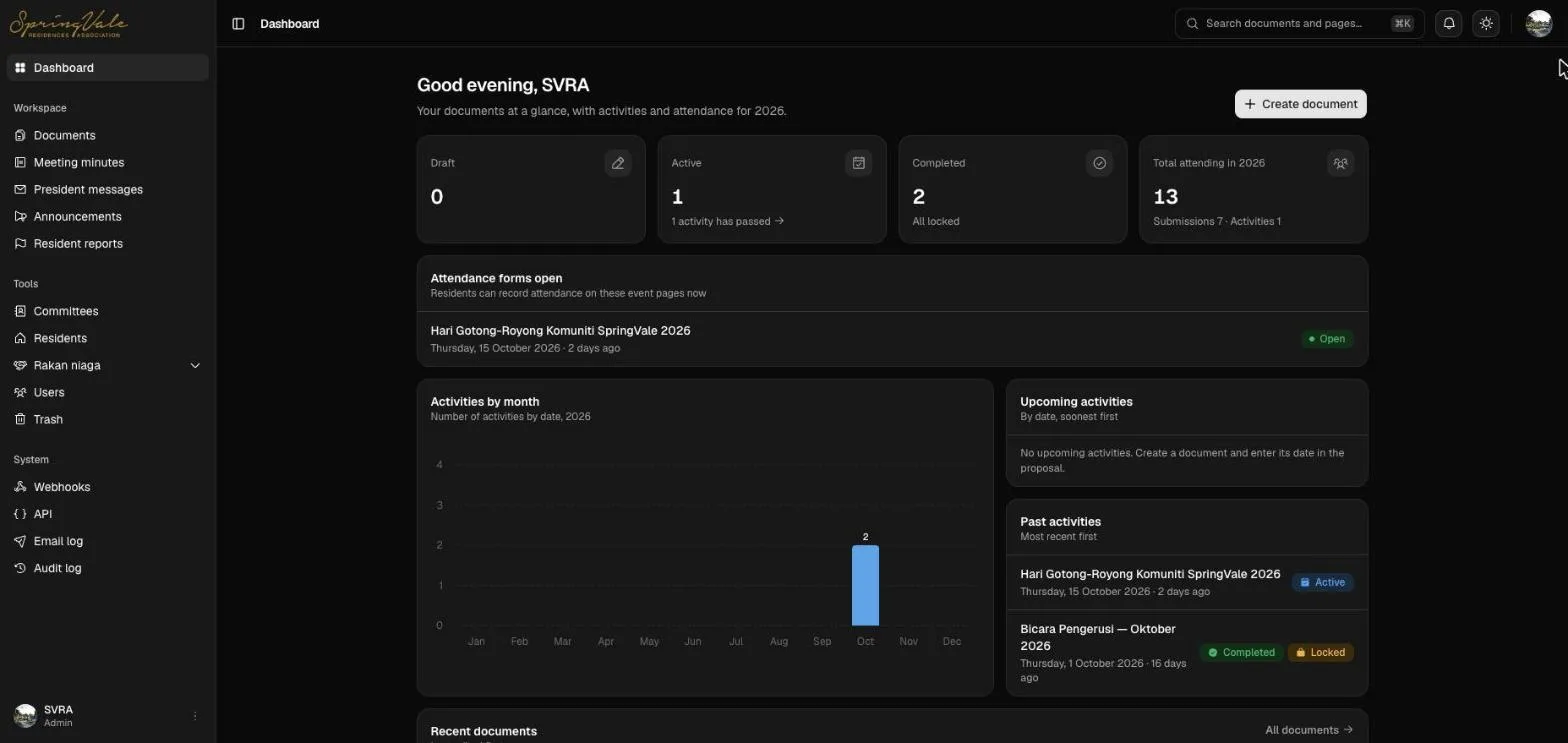 Committee app dashboard: documents, activities and attendance