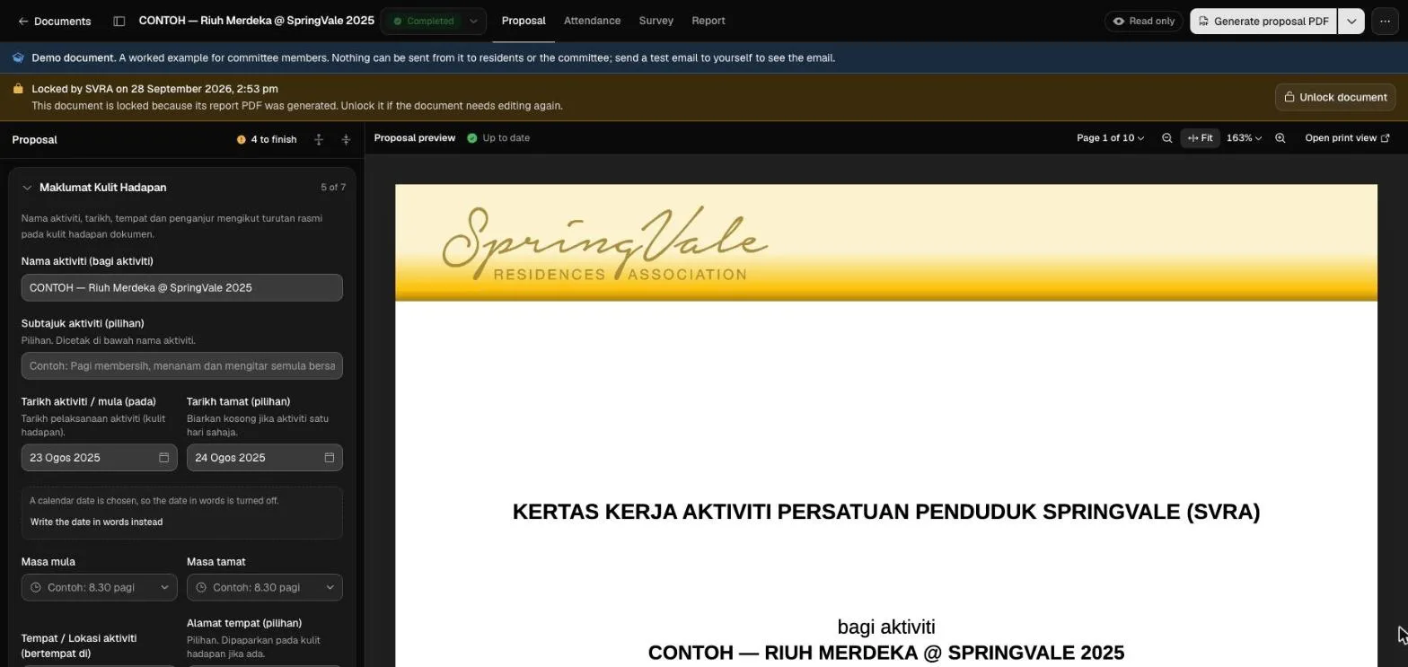 Activity proposal editor with live PDF preview (demo document)