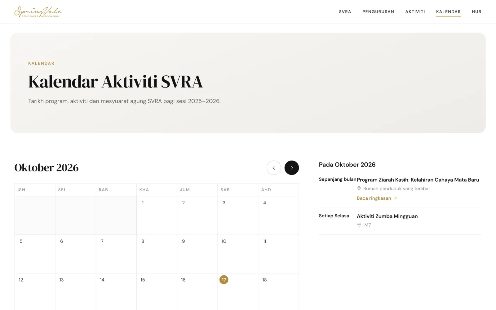Activity calendar on the official website
